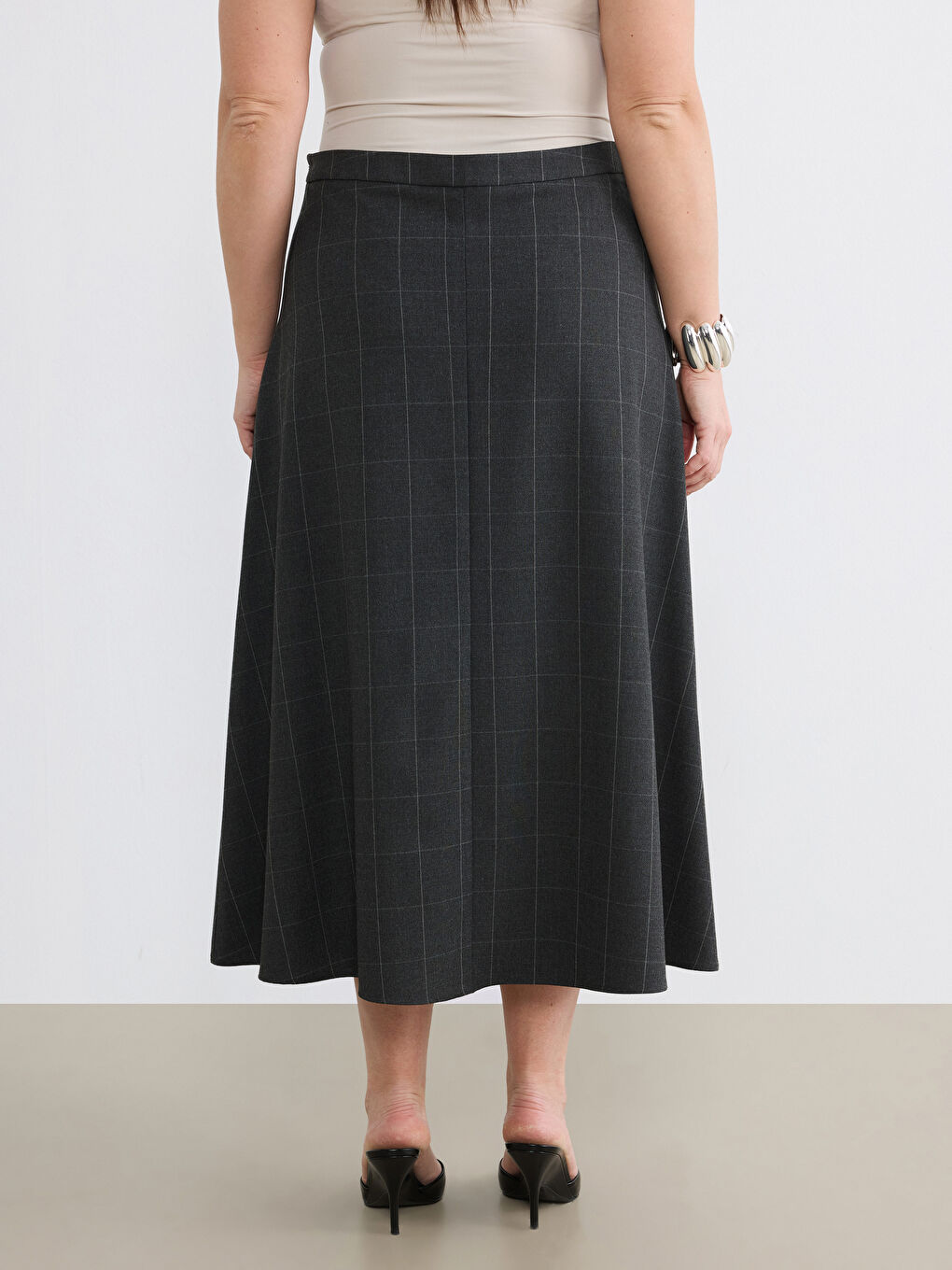 Antrasit Beli Fermuarlı A Kesim Ekose Etek-8