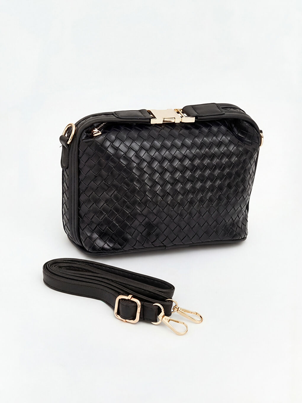 Siyah Örgü Desenli Kadın Omuz Çantası-2