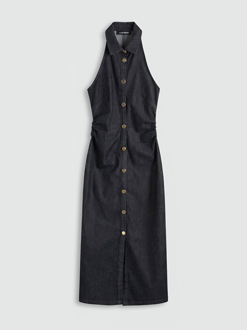 İndigo Halter Yaka Büzgülü Jean Elbise