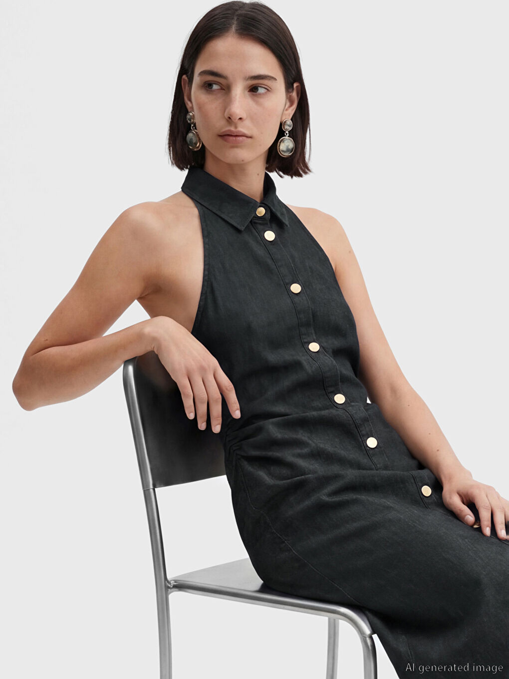 İndigo Halter Yaka Büzgülü Jean Elbise