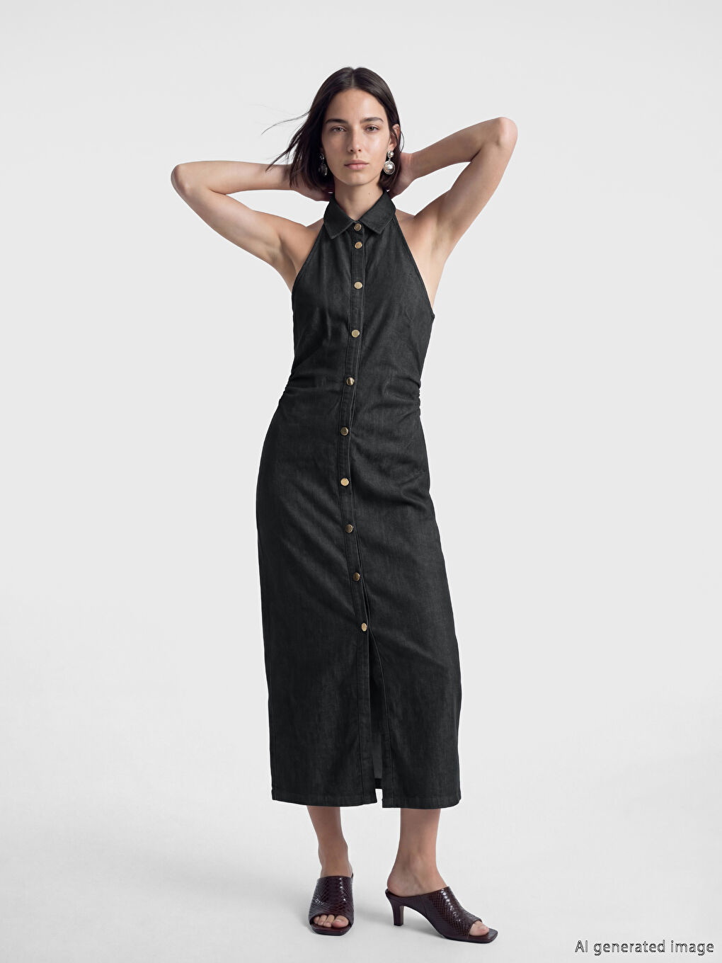 İndigo Halter Yaka Büzgülü Jean Elbise-1