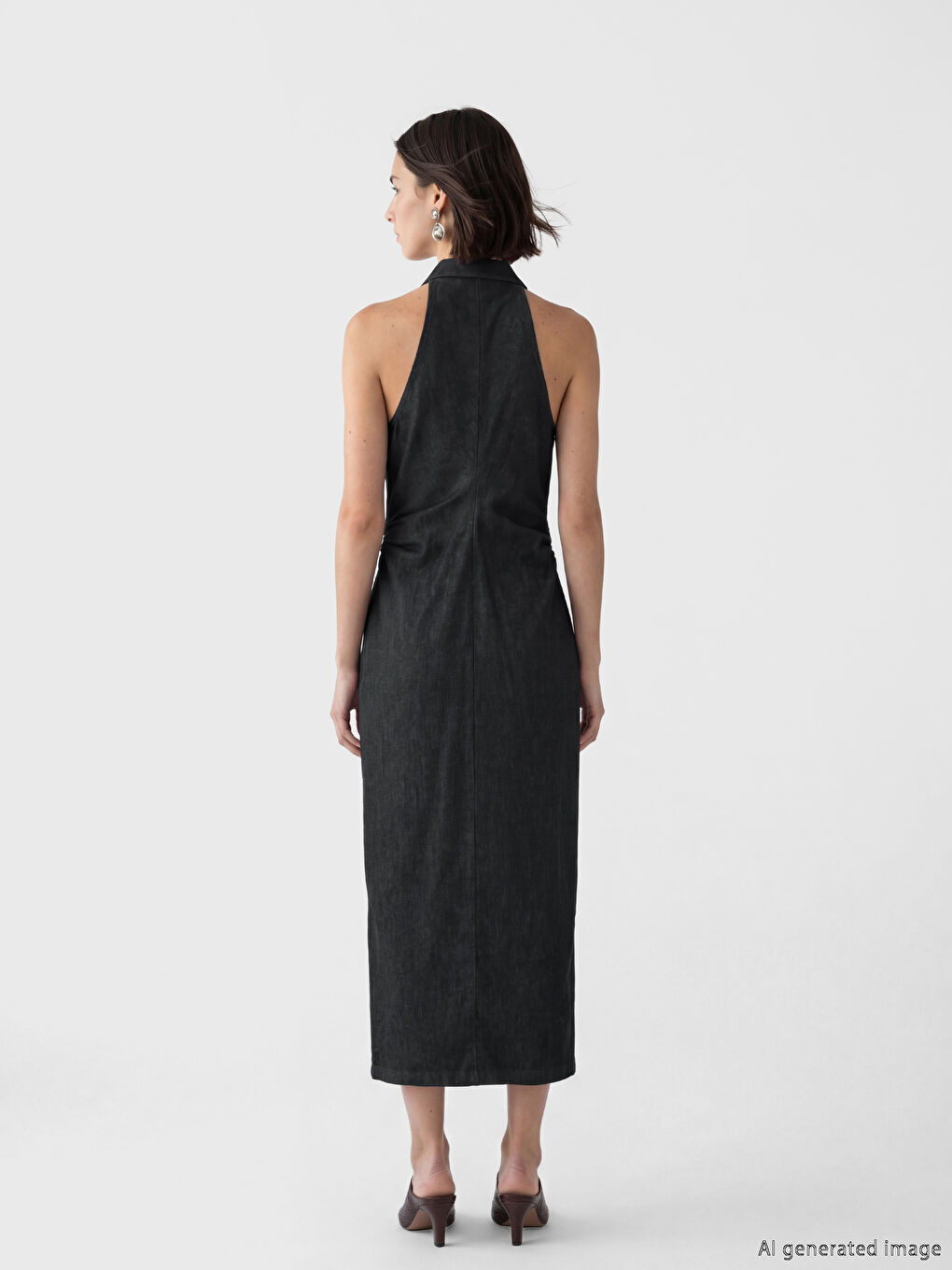 İndigo Halter Yaka Büzgülü Jean Elbise-2