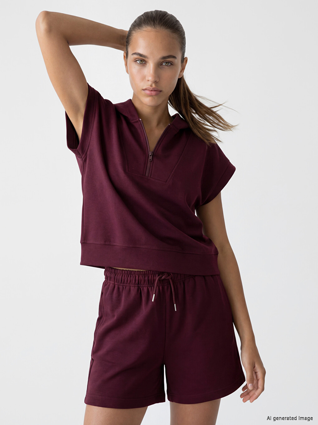 Bordo Kapüşonlu Soft Touch Kadın Spor Sweatshirt