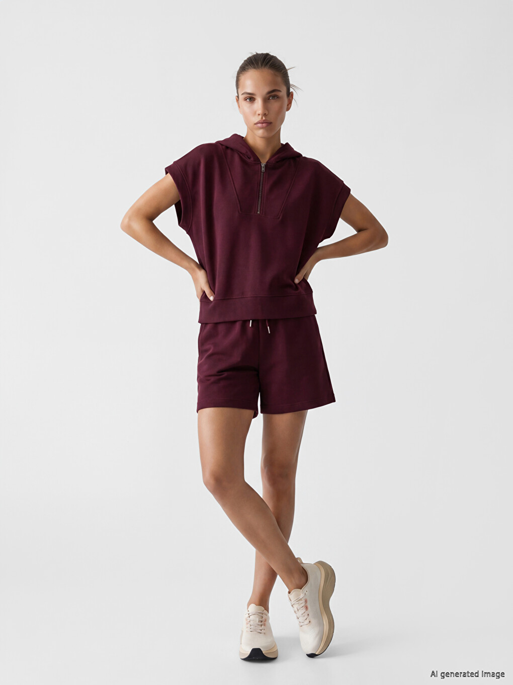 Bordo Kapüşonlu Soft Touch Kadın Spor Sweatshirt-1