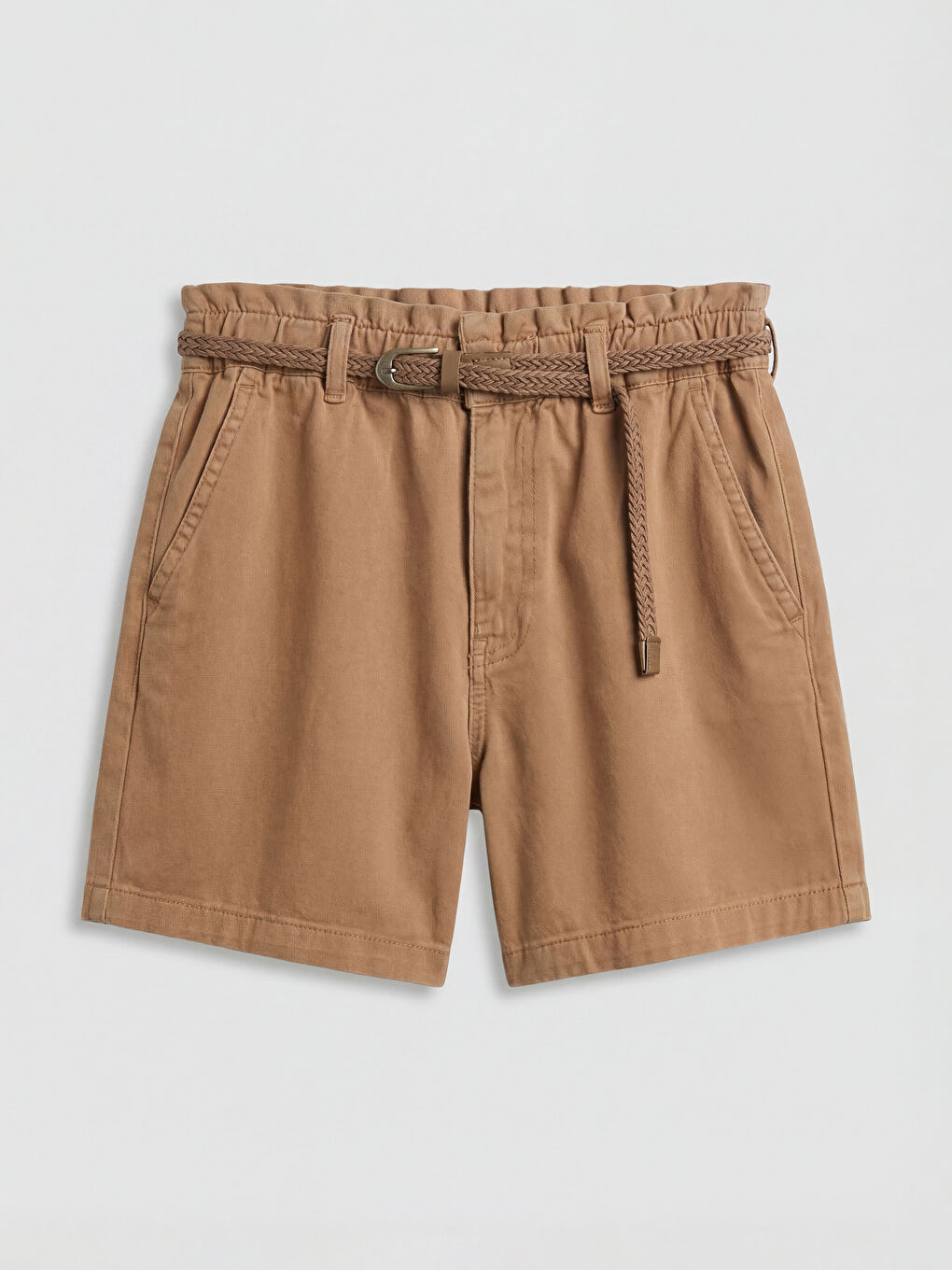 Kahverengi Beli Kemerli Kadın Gabardin Şort