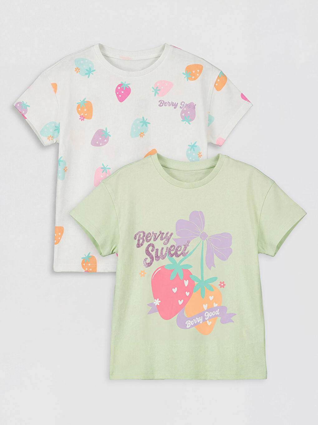 Yeşil Bisiklet Yaka Baskılı Kız Çocuk Tişört 2'li