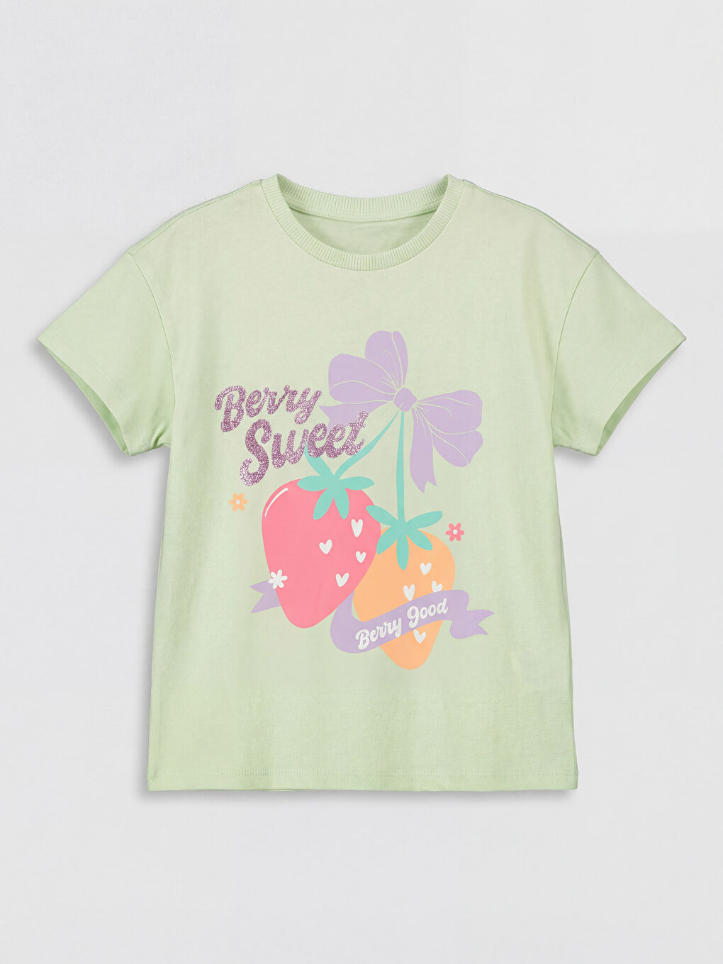 Yeşil Bisiklet Yaka Baskılı Kız Çocuk Tişört 2'li-1