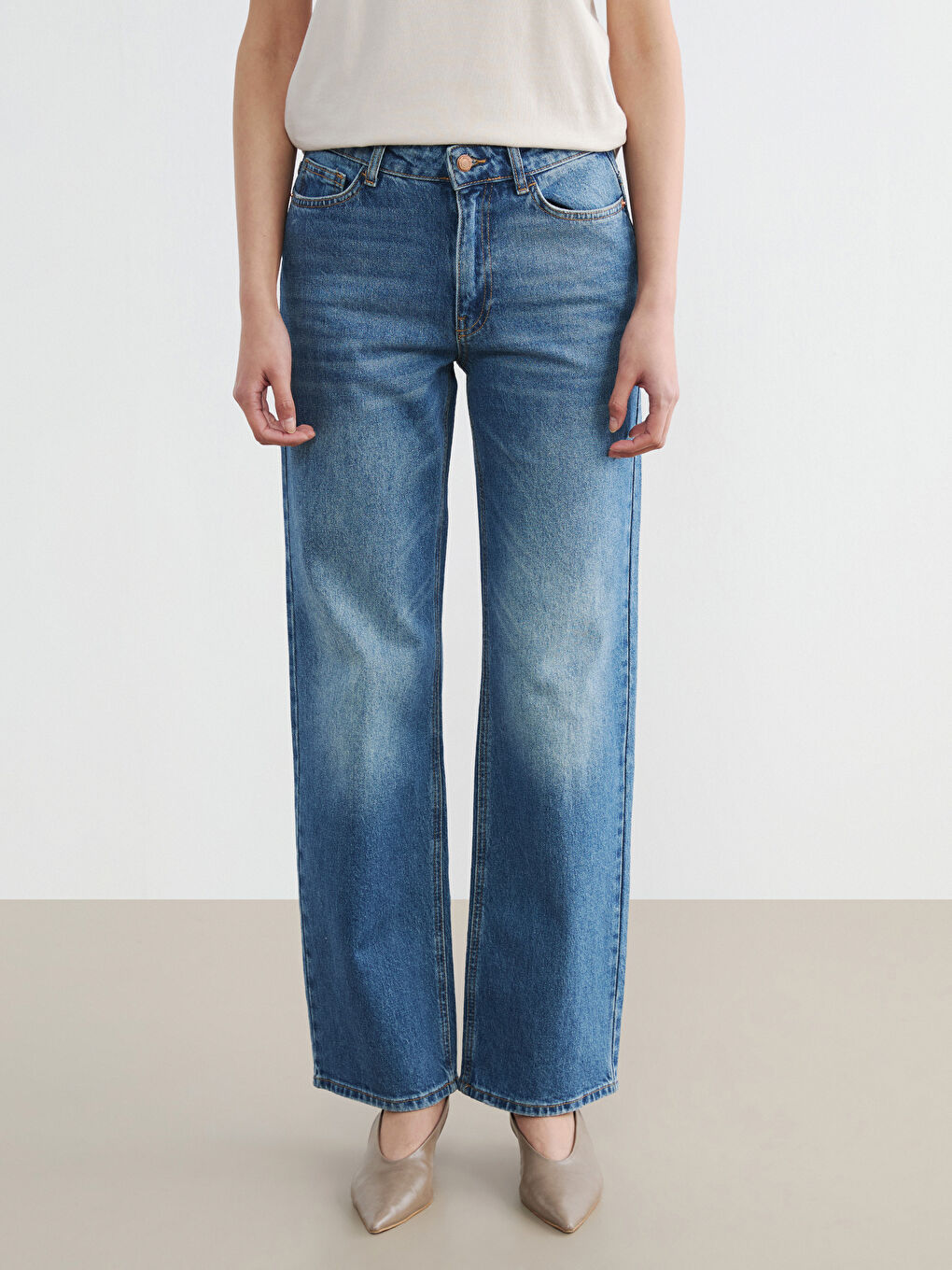 İndigo Yüksek Bel Straight Fit Kadın Jean Pantolon-1