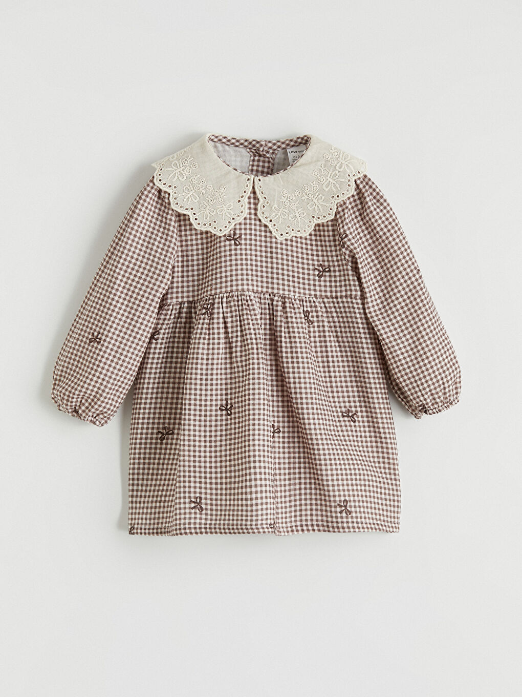 Ekru Bebe Yaka Nakışlı Kız Bebek Müslin Elbise