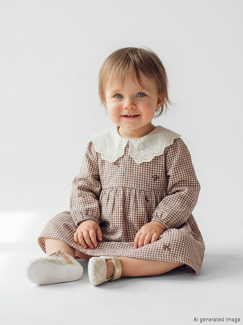 Ekru Bebe Yaka Nakışlı Kız Bebek Müslin Elbise-1