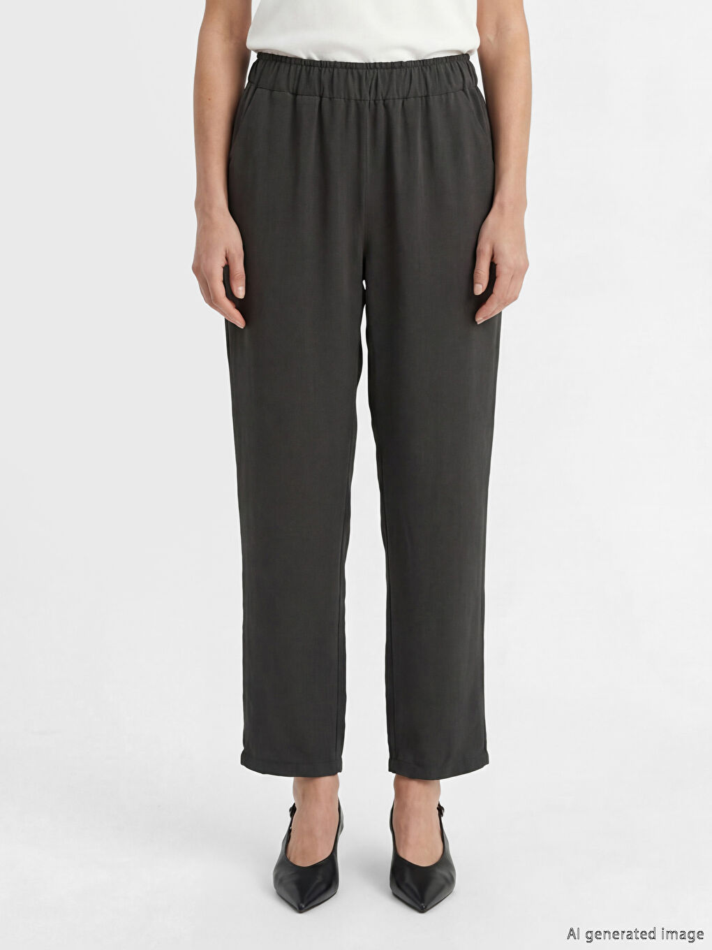 Bej Beli Lastikli Kadın Pantolon-1