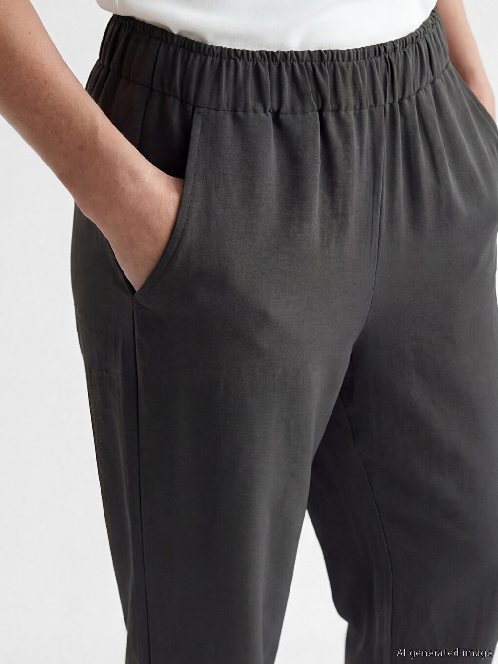 Bej Beli Lastikli Kadın Pantolon-2