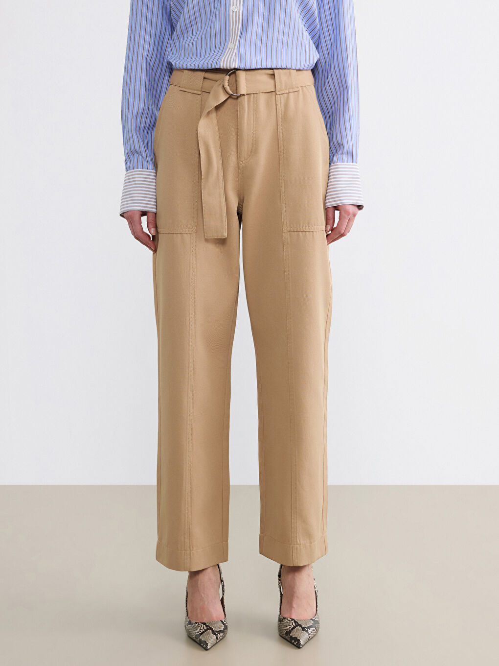 Bej Beli Kemerli Kadın Pantolon-1