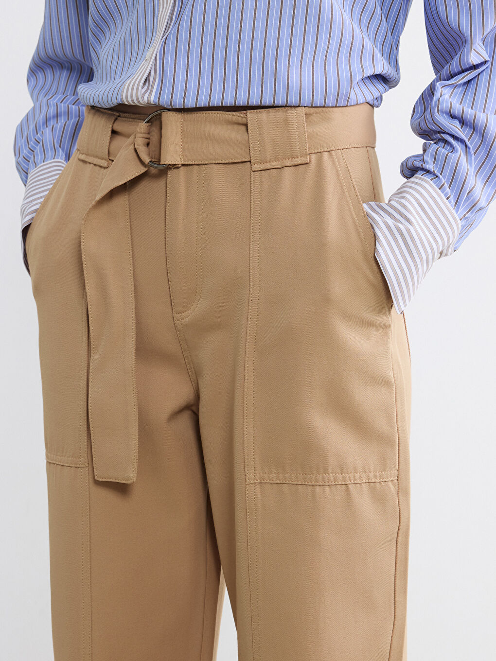 Bej Beli Kemerli Kadın Pantolon-2