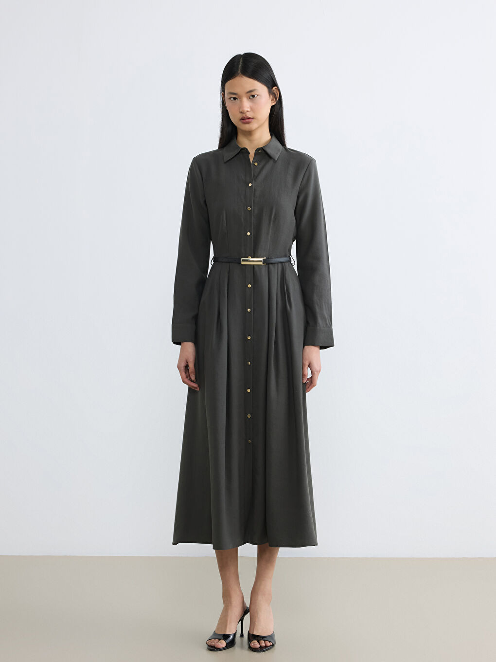 Antrasit Beli Kemerli Gömlek Elbise-1