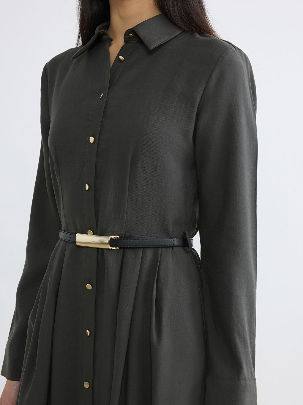 Antrasit Beli Kemerli Gömlek Elbise-2