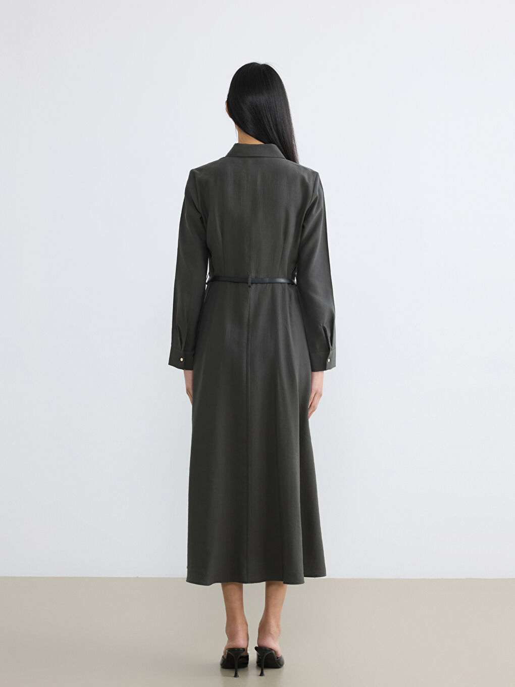 Antrasit Beli Kemerli Gömlek Elbise-3