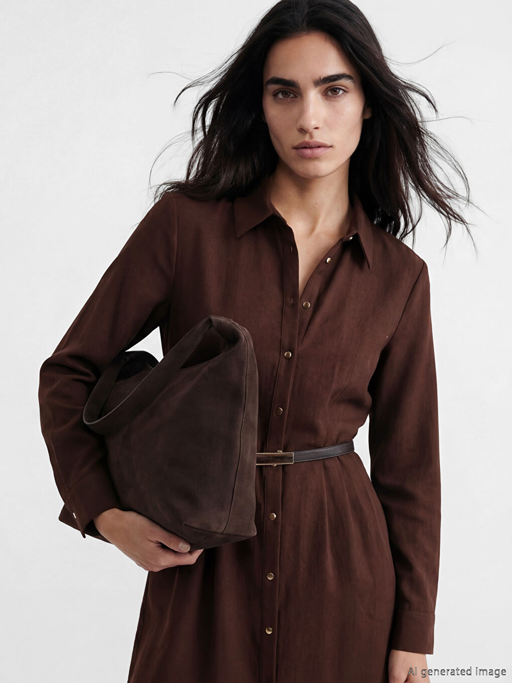 Kahverengi Kemerli Gömlek Elbise