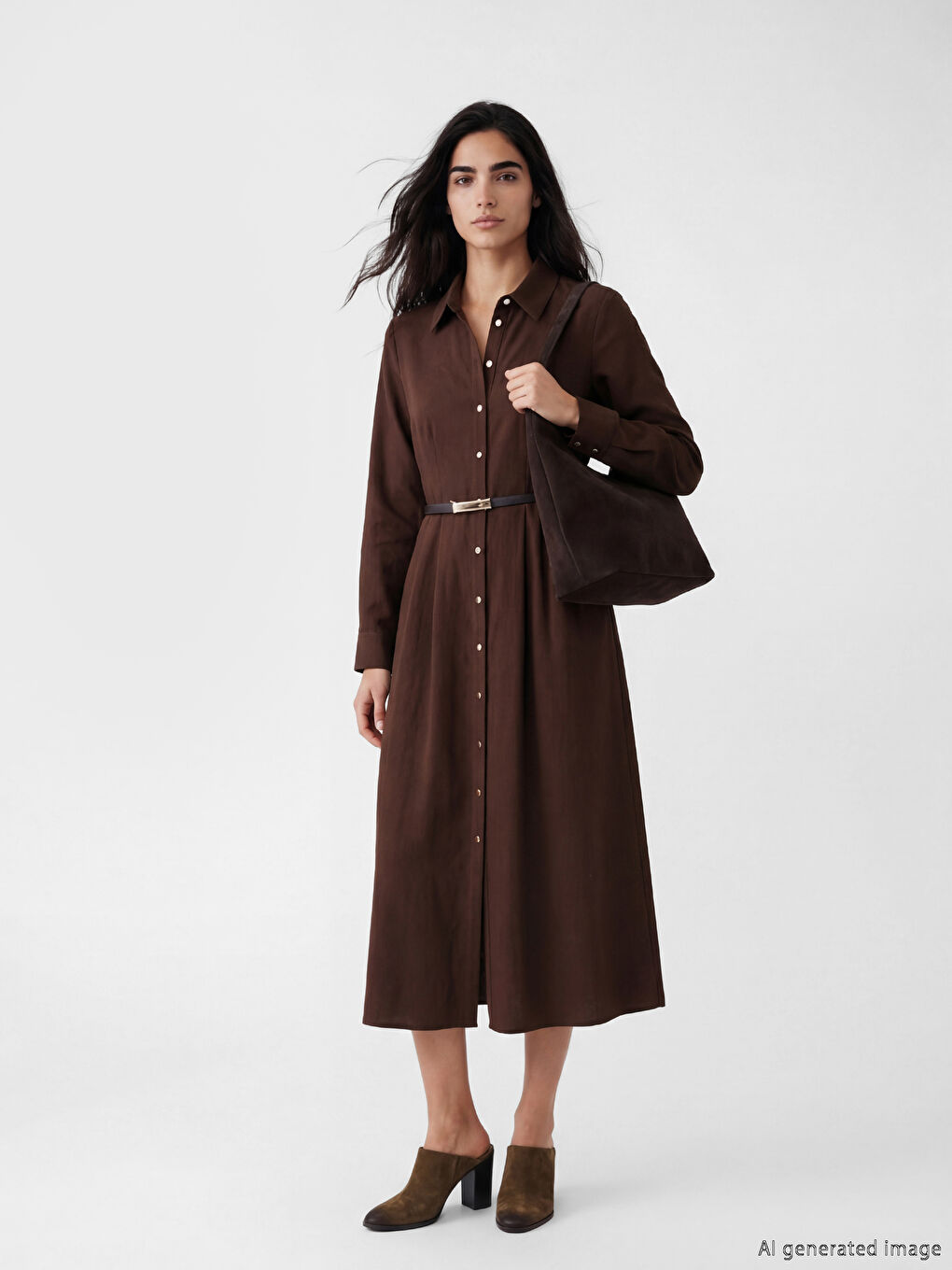 Kahverengi Kemerli Gömlek Elbise-1