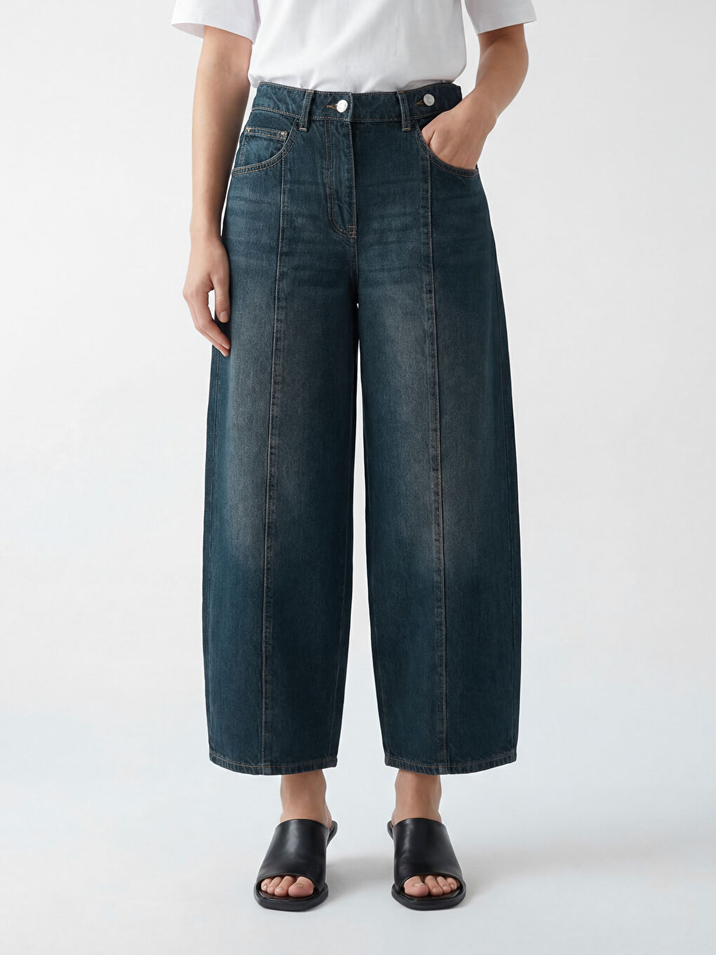 İndigo Beli Kemerli Barrel Fit Kadın Jean Pantolon-1