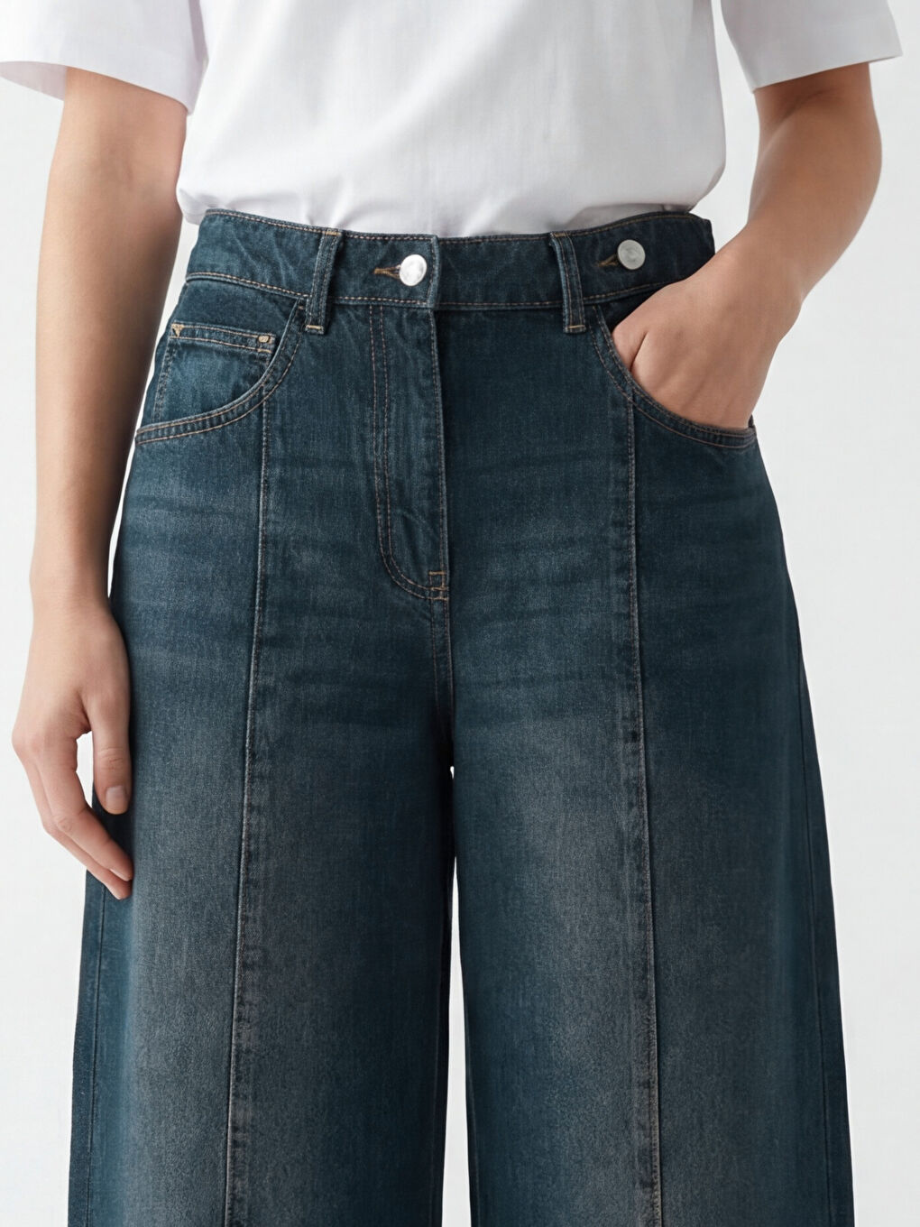 İndigo Beli Kemerli Barrel Fit Kadın Jean Pantolon-2