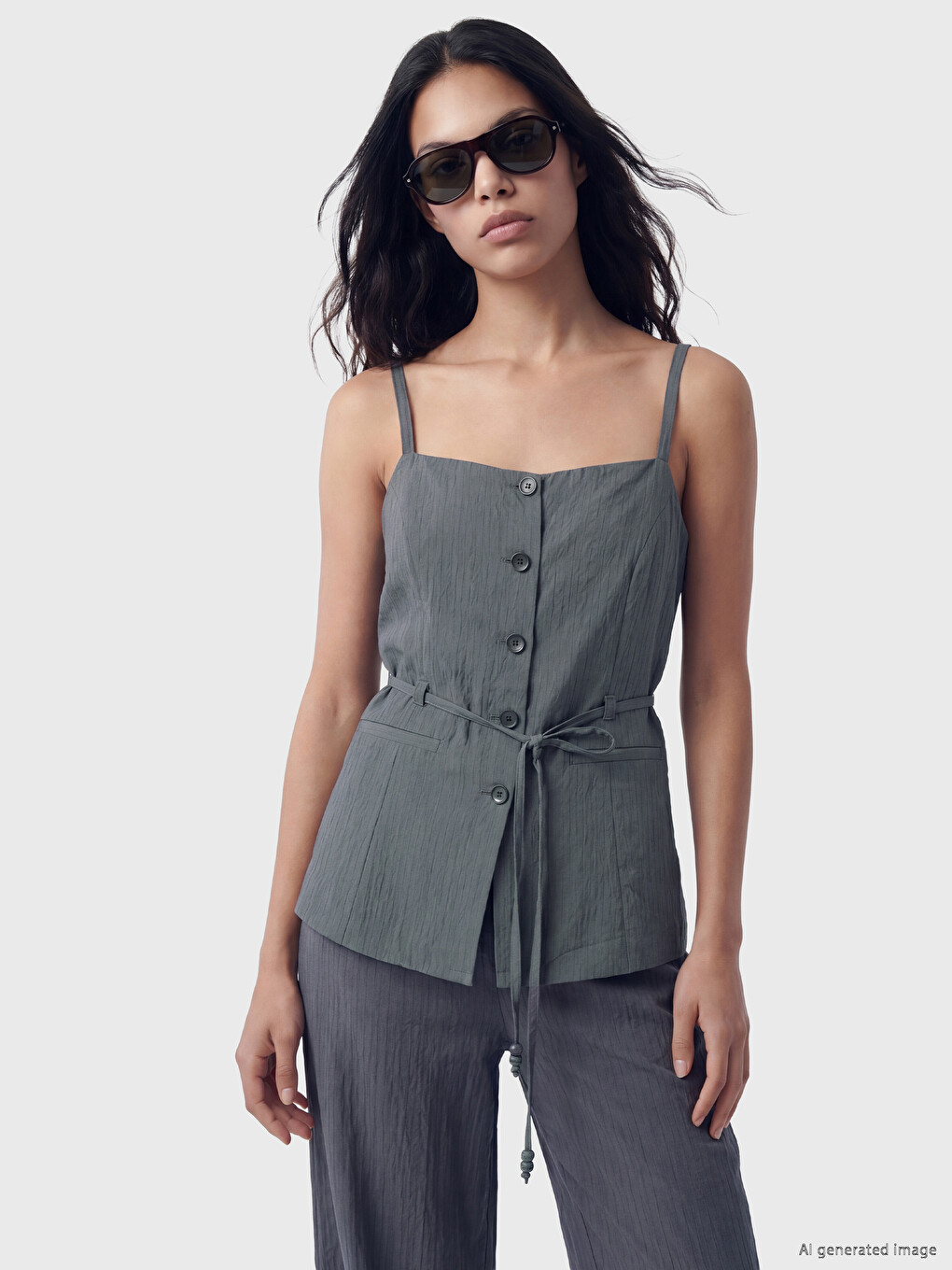 Col Carré Ceinturée À La Taille À Fines Bretelles Blouse