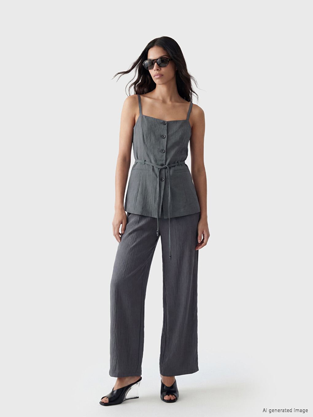 Col Carré Ceinturée À La Taille À Fines Bretelles Blouse-1