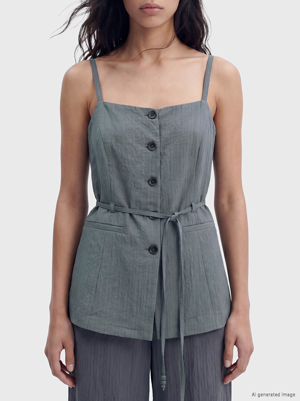 Col Carré Ceinturée À La Taille À Fines Bretelles Blouse-2