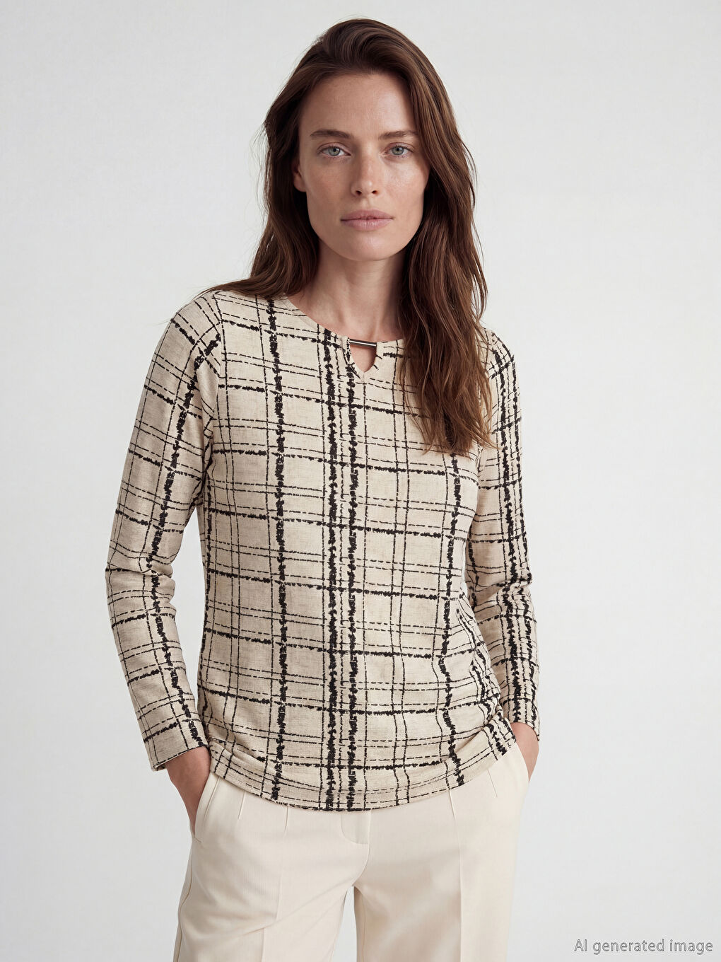 Bej Bisiklet Yaka Desenli Bluz