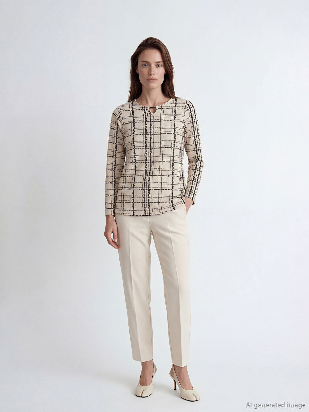 Bej Bisiklet Yaka Desenli Bluz-1