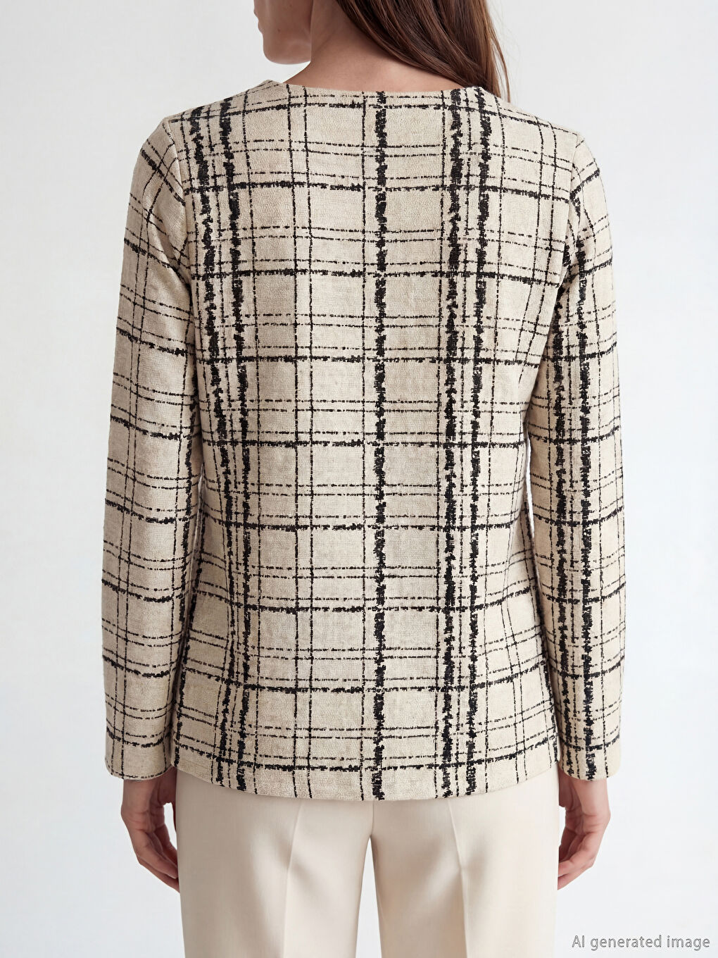 Bej Bisiklet Yaka Desenli Bluz-2