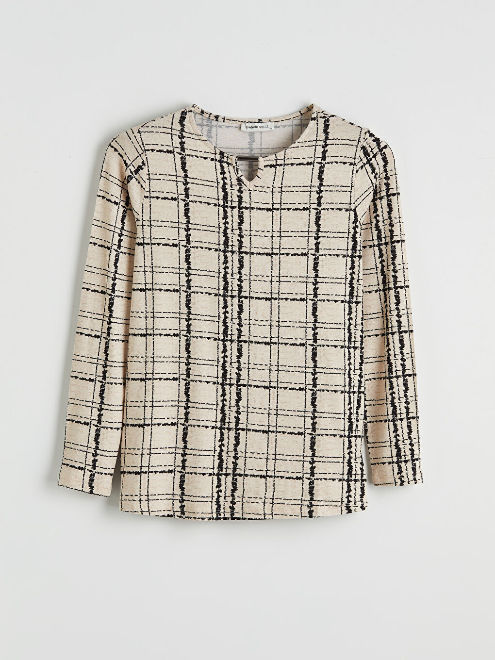 Bej Bisiklet Yaka Desenli Bluz-3