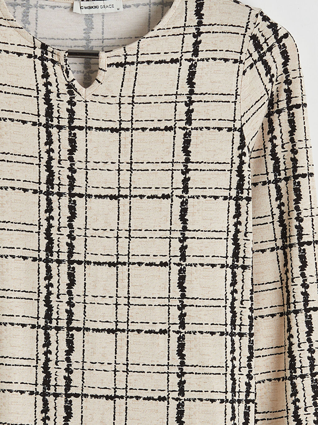 Bej Bisiklet Yaka Desenli Bluz-5