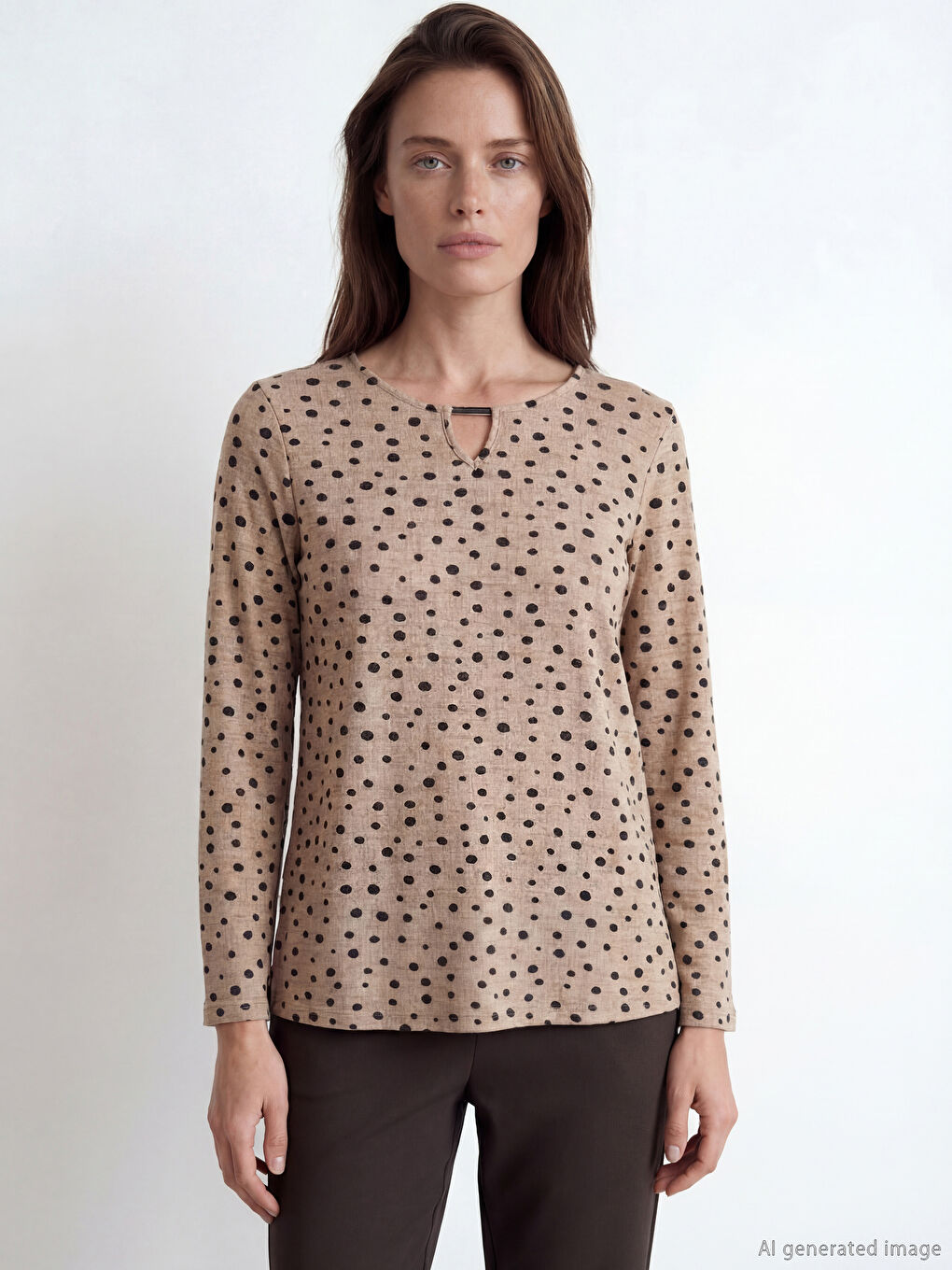 Bej Bisiklet Yaka Puantiyeli Bluz