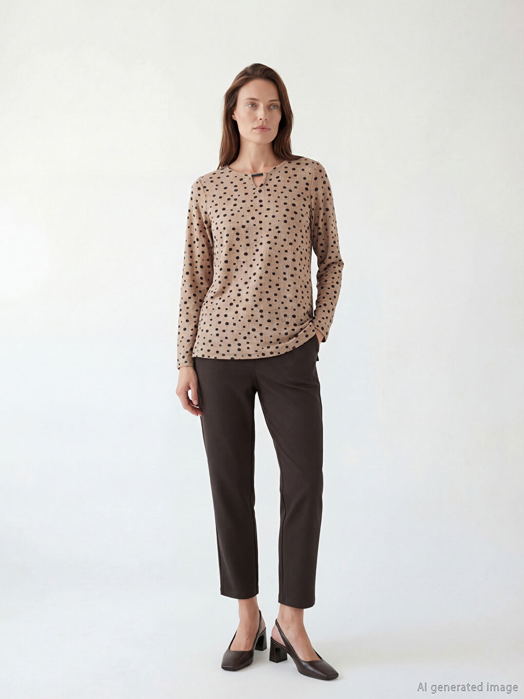 Bej Bisiklet Yaka Puantiyeli Bluz-1