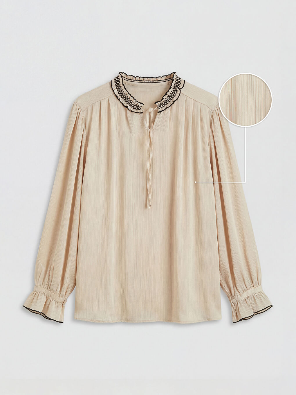 Bej Bağlamalı Yaka Nakışlı Fırfırlı Saten Bluz-4