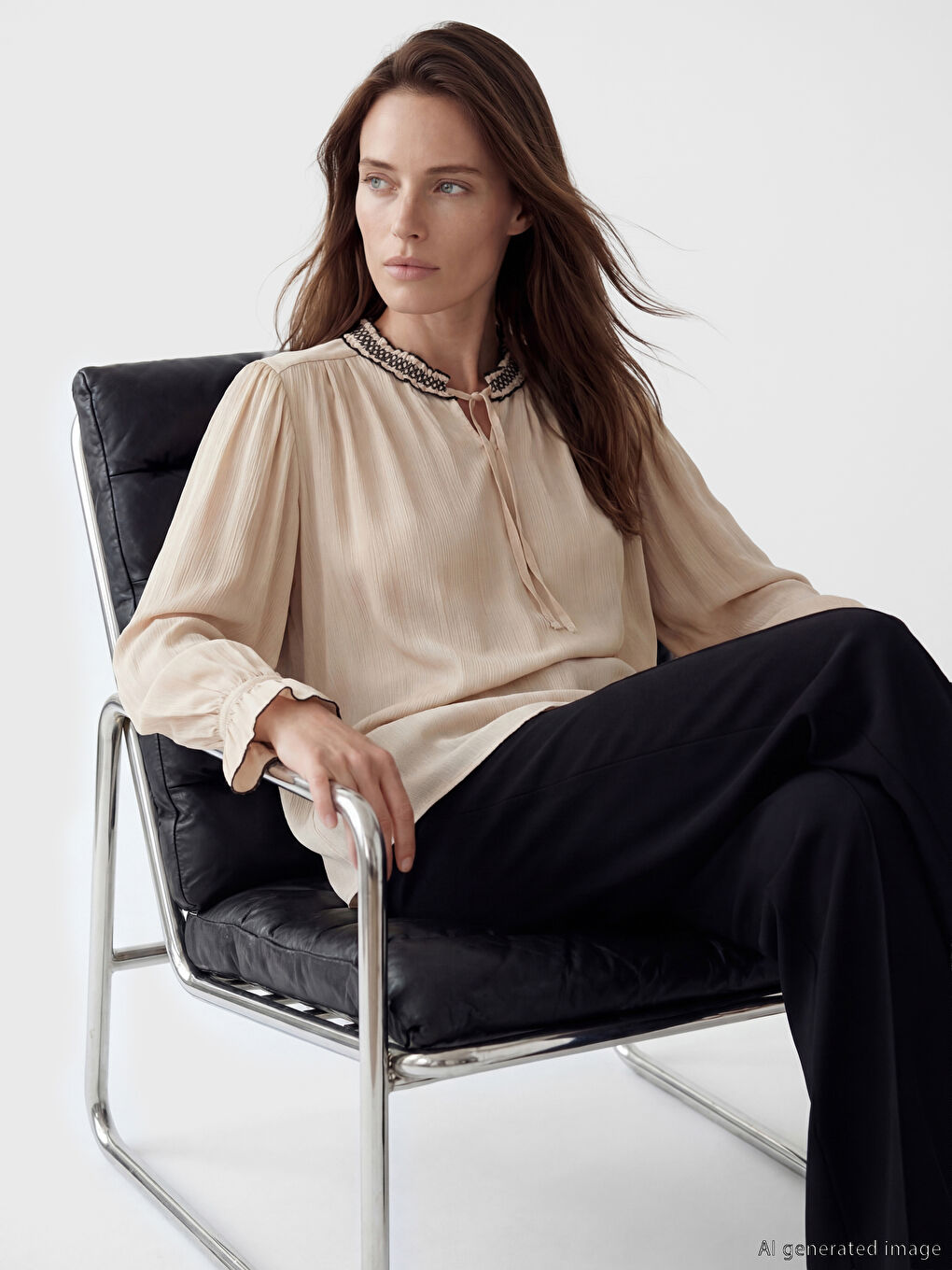 Bej Bağlamalı Yaka Nakışlı Fırfırlı Saten Bluz