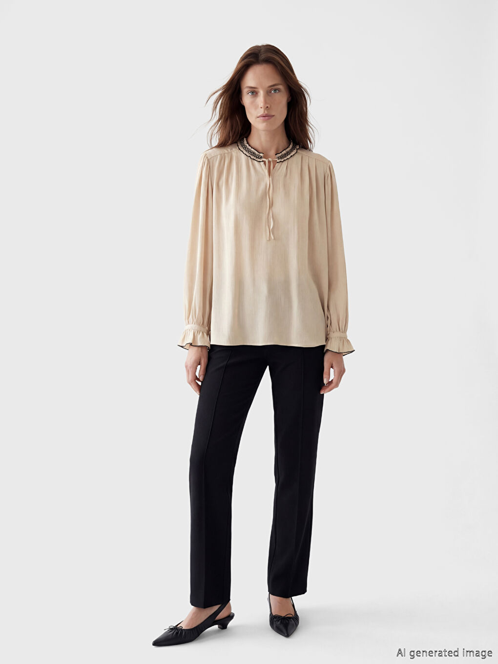 Bej Bağlamalı Yaka Nakışlı Fırfırlı Saten Bluz-1