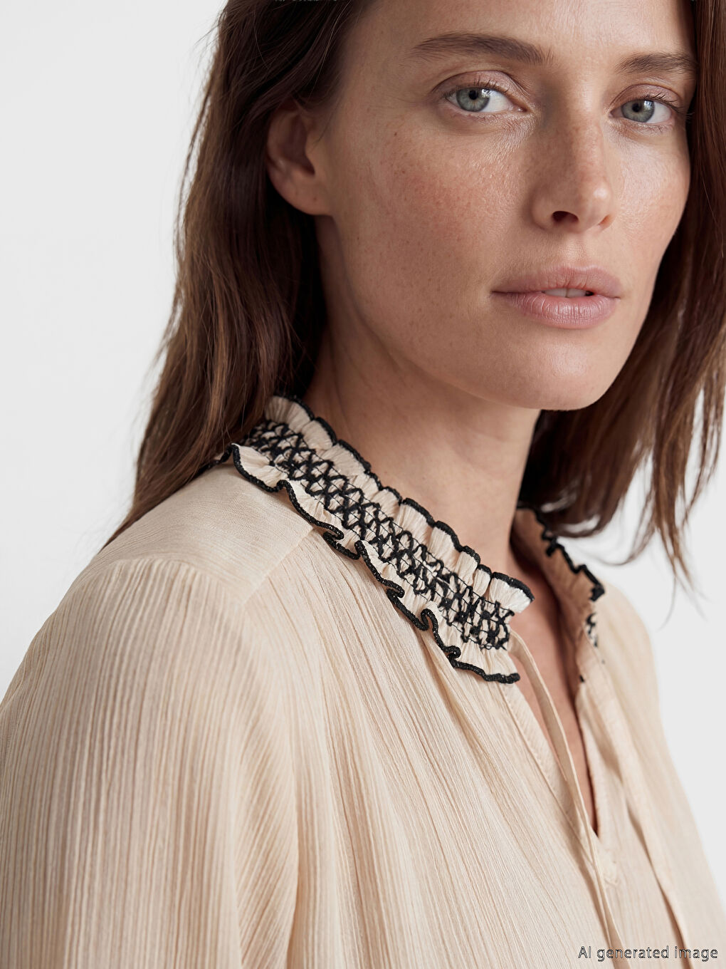 Bej Bağlamalı Yaka Nakışlı Fırfırlı Saten Bluz-2