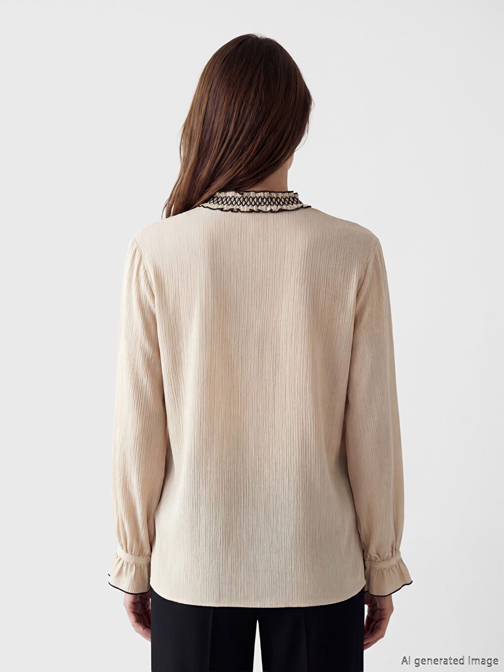 Bej Bağlamalı Yaka Nakışlı Fırfırlı Saten Bluz-3