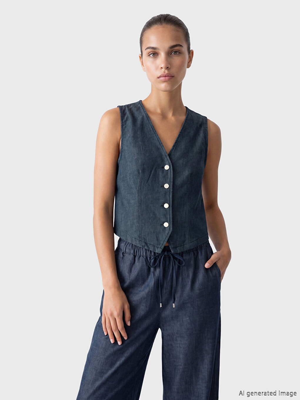 Lacivert V Yaka Kadın Jean Yelek