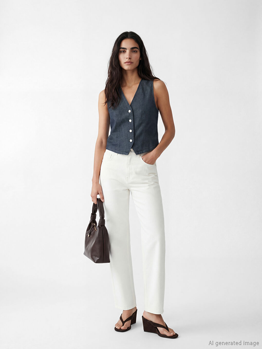 Lacivert V Yaka Kadın Jean Yelek-1