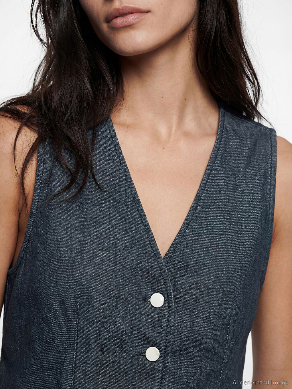 Lacivert V Yaka Kadın Jean Yelek-2