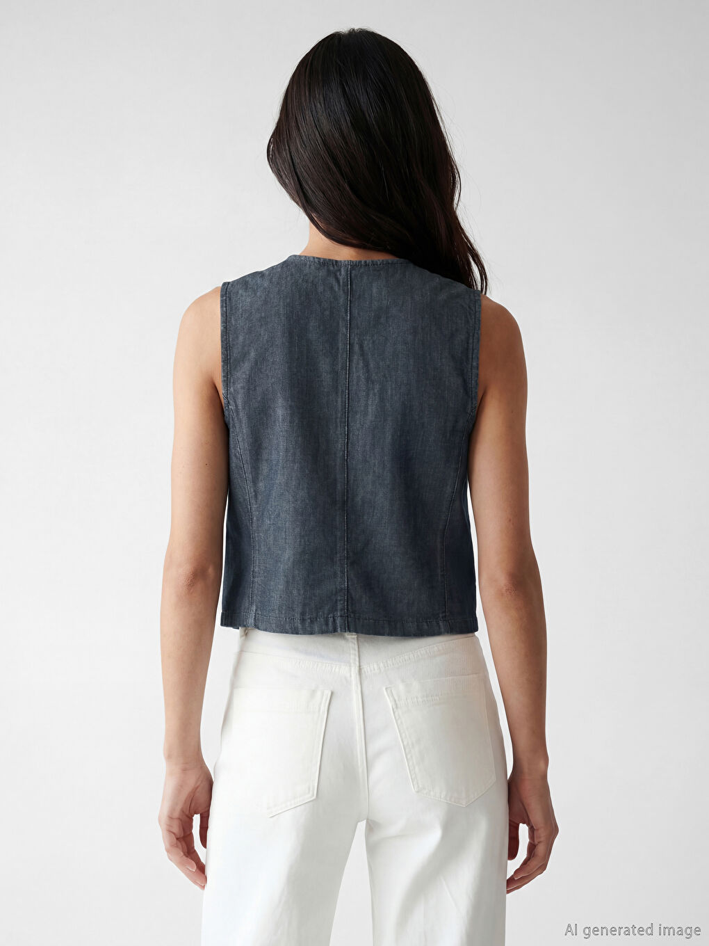 Lacivert V Yaka Kadın Jean Yelek-3