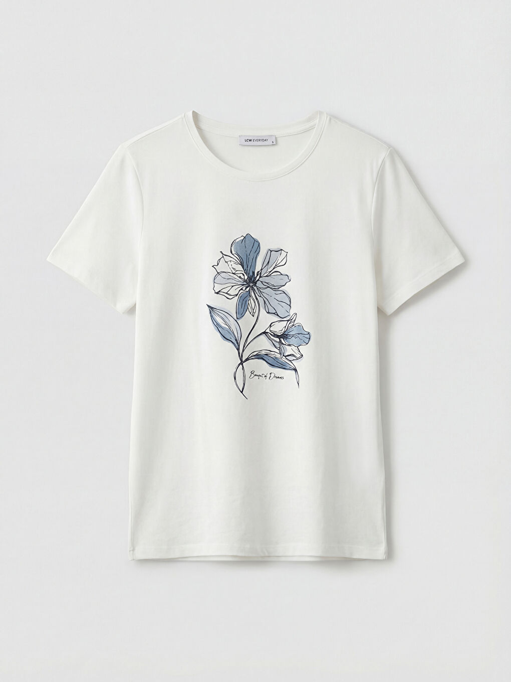 Ekru Bisiklet Yaka Çiçekli Kadın Tişört