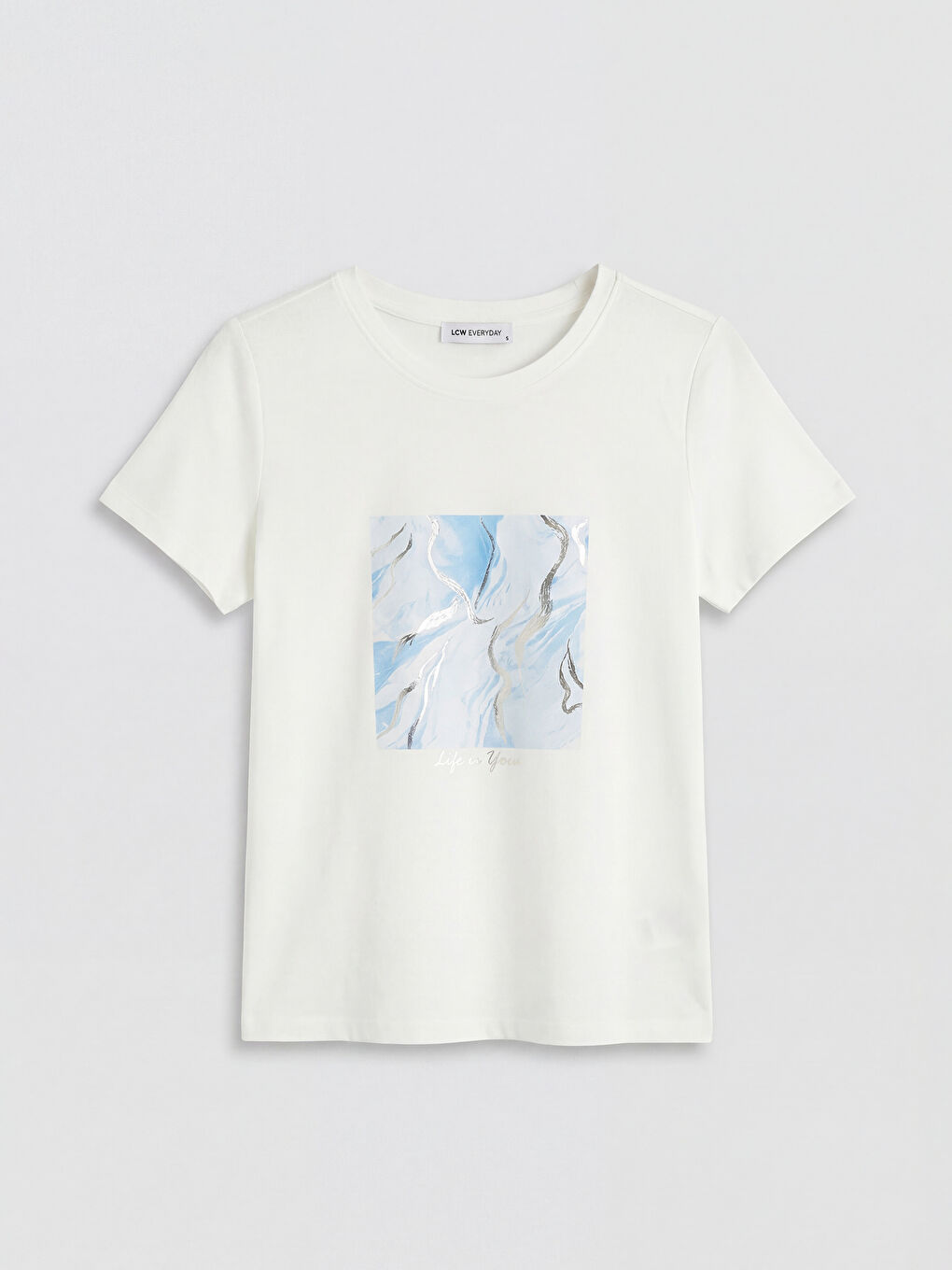 Beyaz Bisiklet Yaka Baskılı Kadın Tişört-4