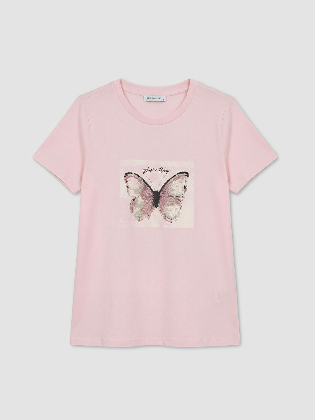 Pembe Bisiklet Yaka Kelebek Baskılı Kadın Tişört