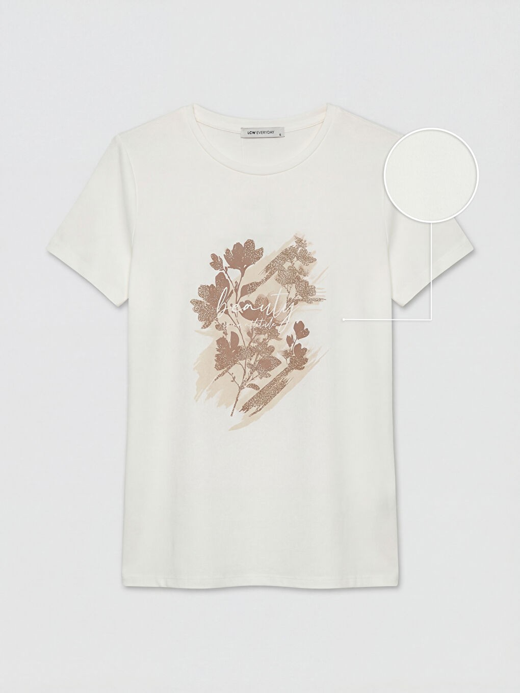 Ekru Bisiklet Yaka Baskılı Kadın Tişört