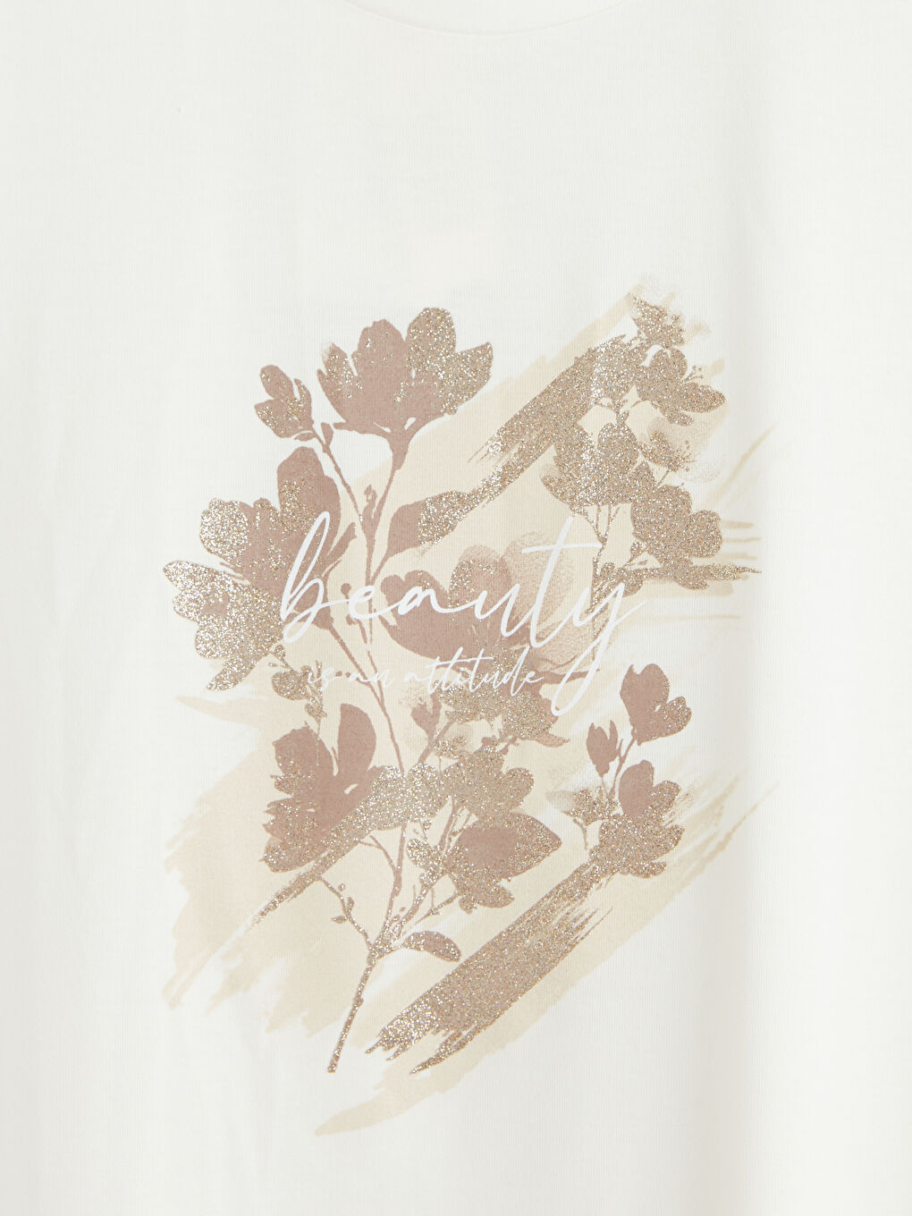 Ekru Bisiklet Yaka Baskılı Kadın Tişört-2