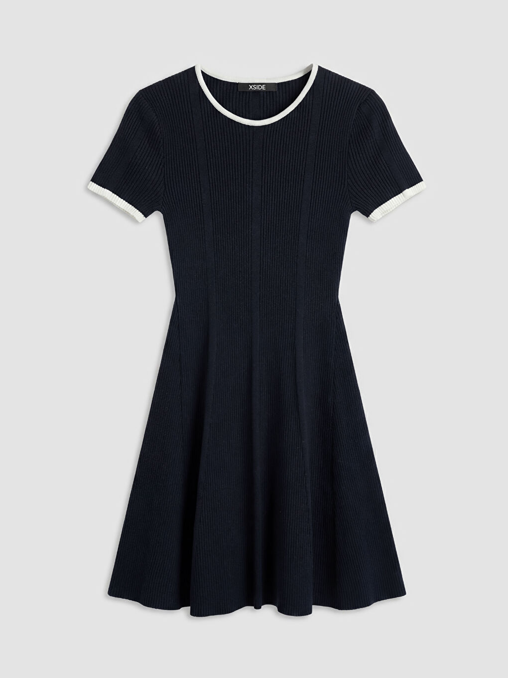 Lacivert Bisiklet Yaka Fırfırlı Mini Triko Elbise